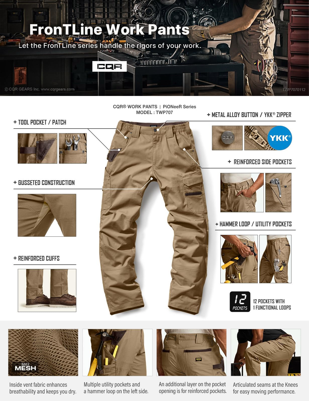 CQR work pants belt-loop area hints at compatible belt