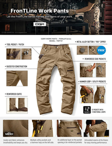 CQR work pants belt-loop area hints at compatible belt