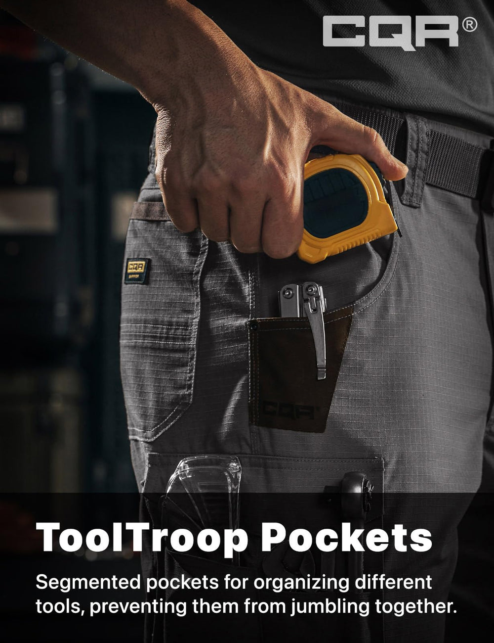CQR fabric detail highlights rugged weave suited for tough work environments.