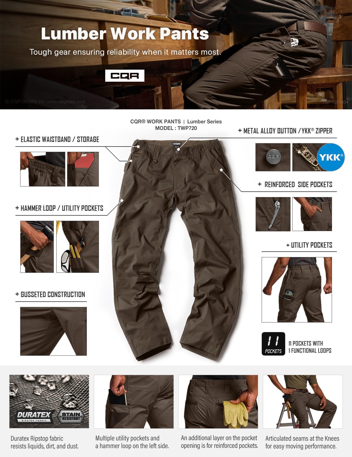 CQR men's quick dry work pants lumber dark brown color swatch for style.