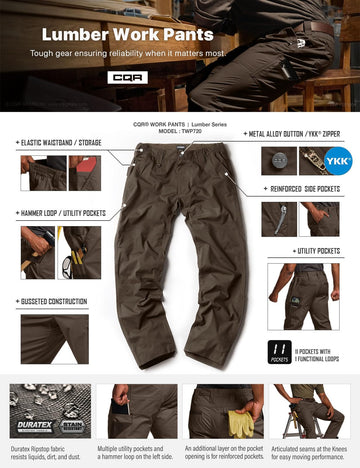 CQR men's quick dry work pants lumber dark brown color swatch for style.
