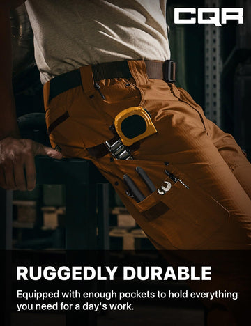 CQR men's quick dry work pants copper brown close-up fabric texture durability