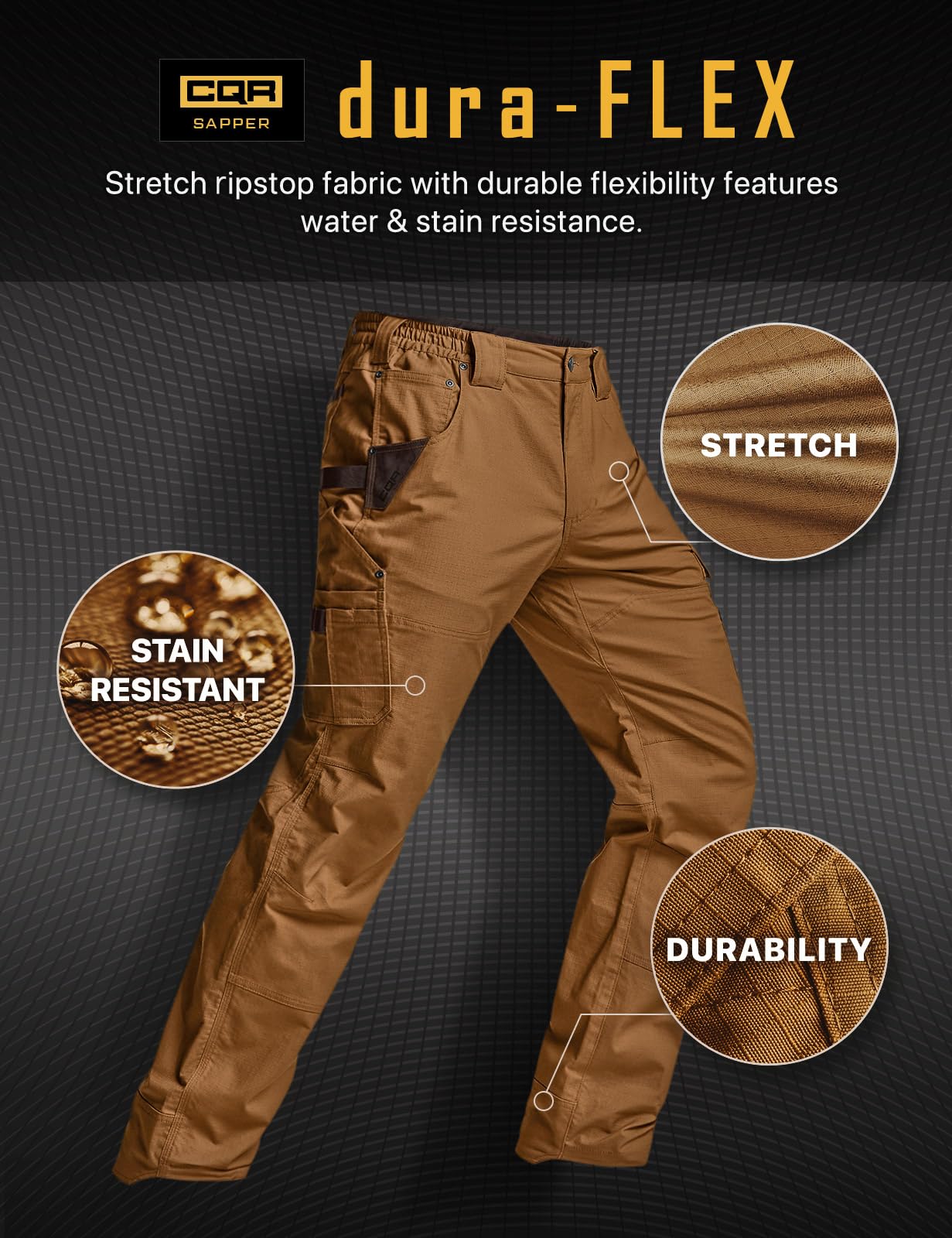CQR men's quick dry work pants copper brown color in outdoor setting