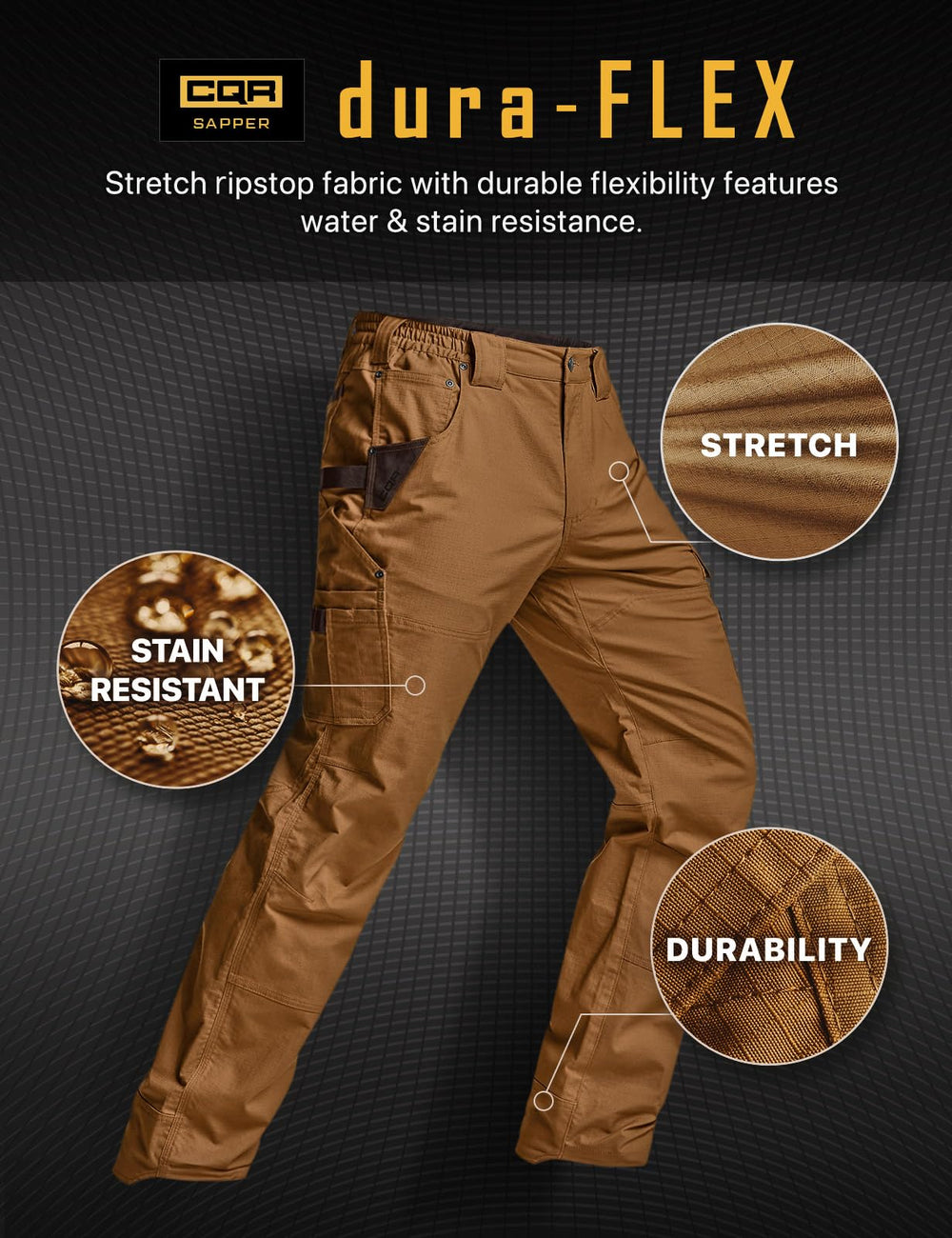 CQR men's quick dry work pants copper brown color in outdoor setting