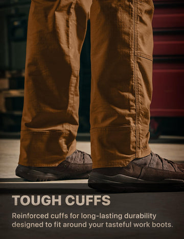 CQR men's quick dry work pants copper brown gear-loaded scene shows cargo pockets