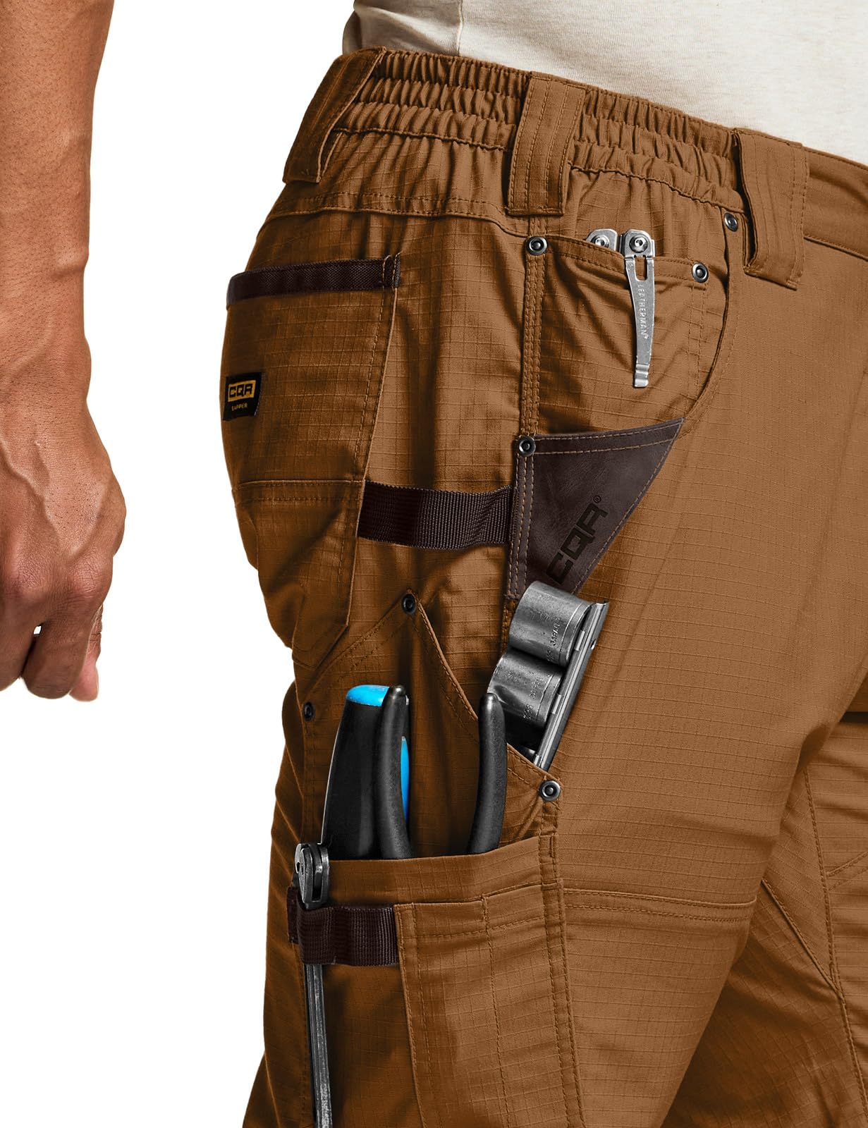 CQR men's quick dry work pants copper brown welt pockets for easy access