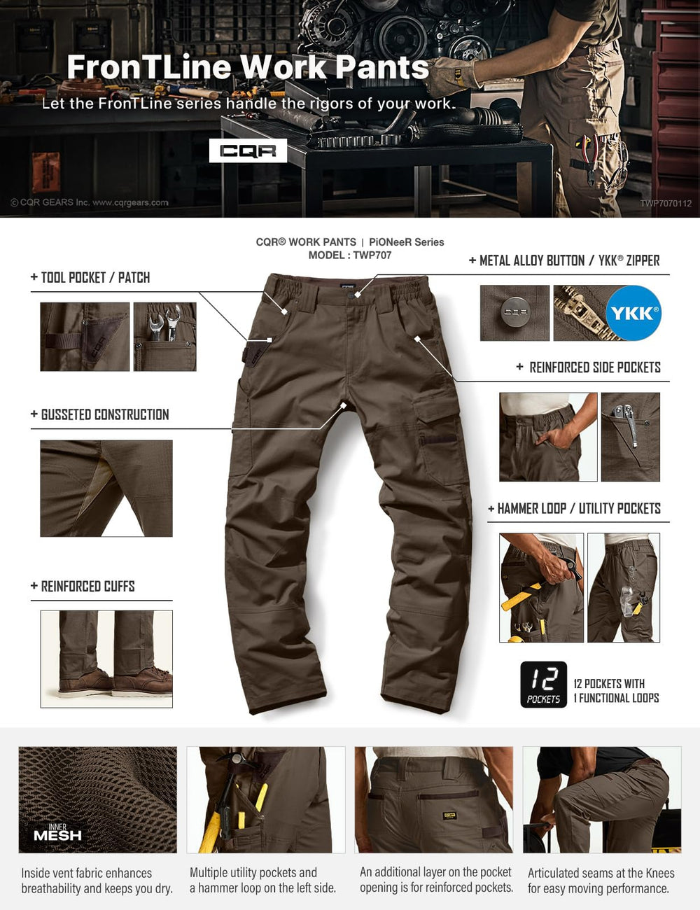 CQR men's quick dry work pants - fabric weave closeup, durability.