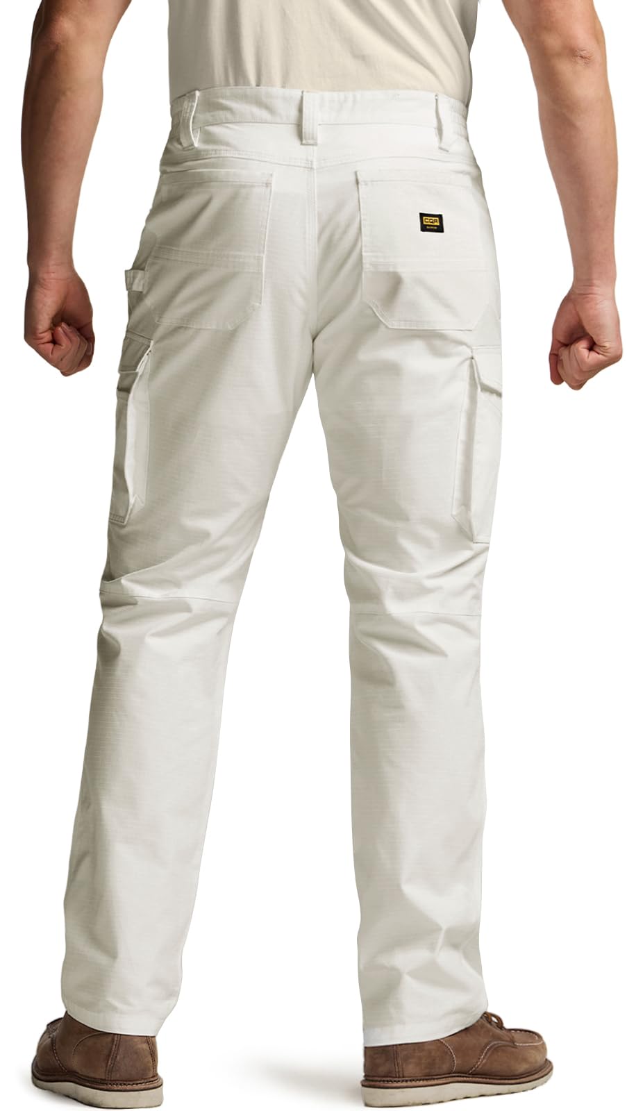 CQR men's quick dry work pants frosted white cargo pockets highlight secure storage on-site tasks.