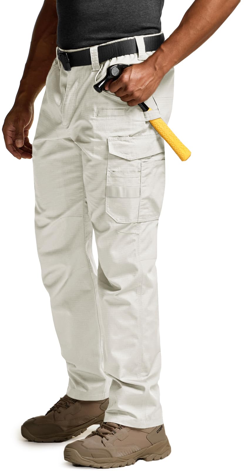 CQR men's quick dry work pants fabric closeup shows durable ripstop weave for rugged wear.
