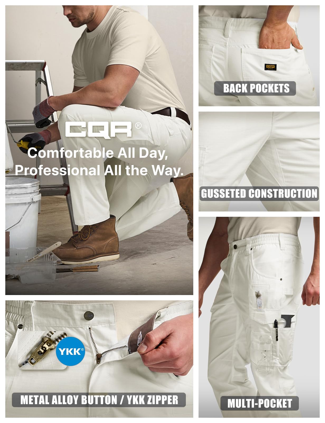 CQR men's quick dry work pants frosted white color hides grime between washes.