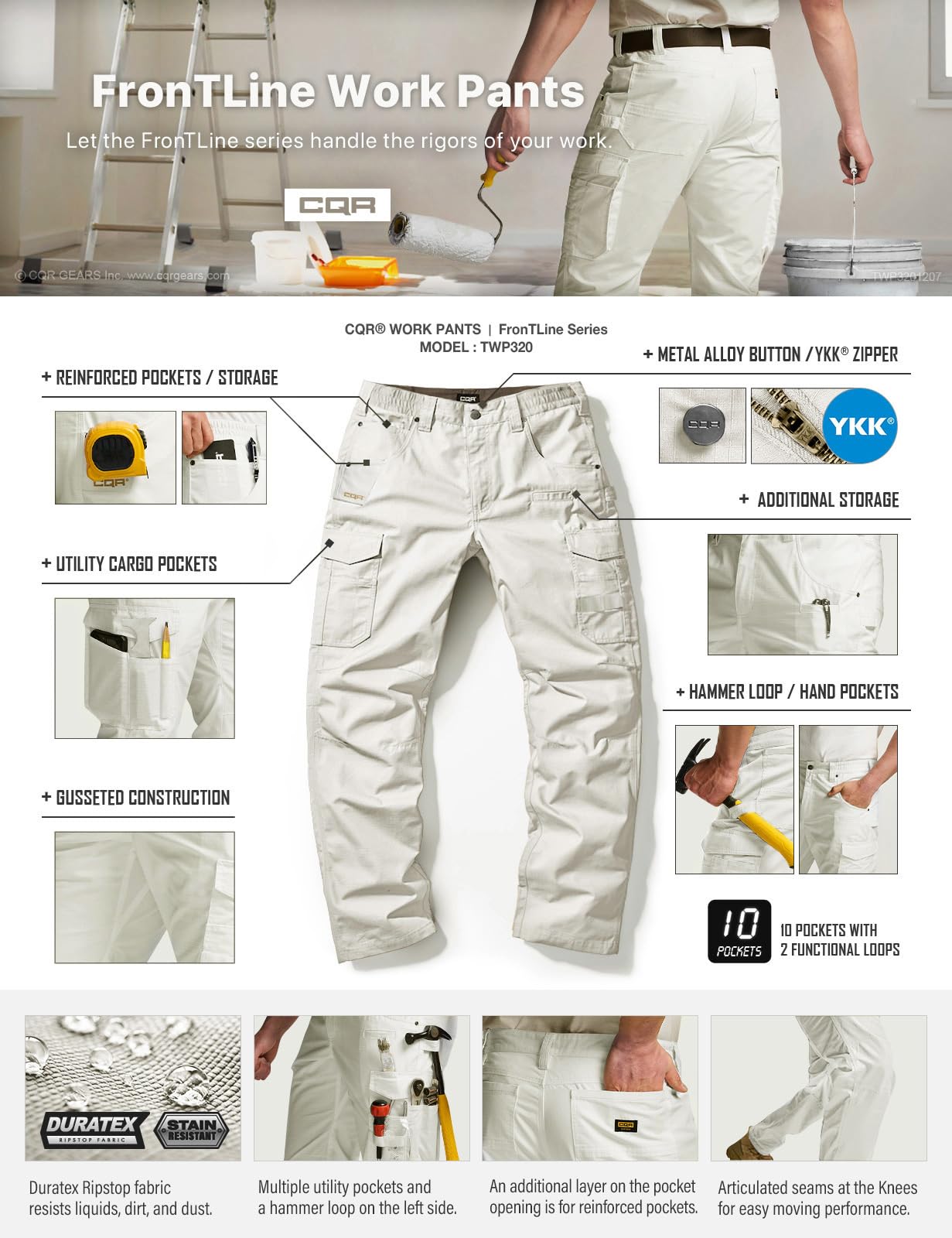 CQR men's quick dry work pants compatible with the exclusive tactical belt sold separately.