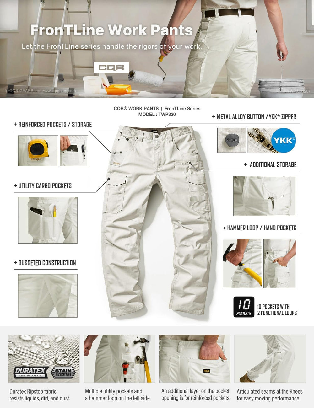 CQR men's quick dry work pants compatible with the exclusive tactical belt sold separately.