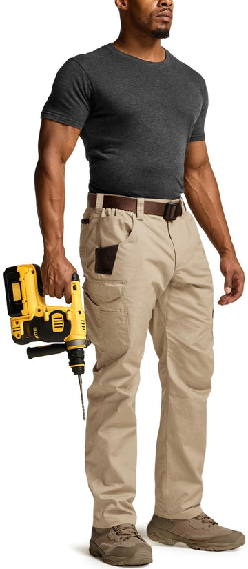 CQR men's quick dry work pants khaki fabric close-up for durability.