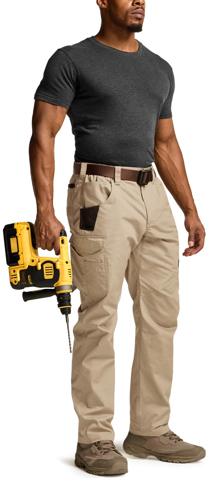 CQR men's quick dry work pants khaki fabric close-up for durability.