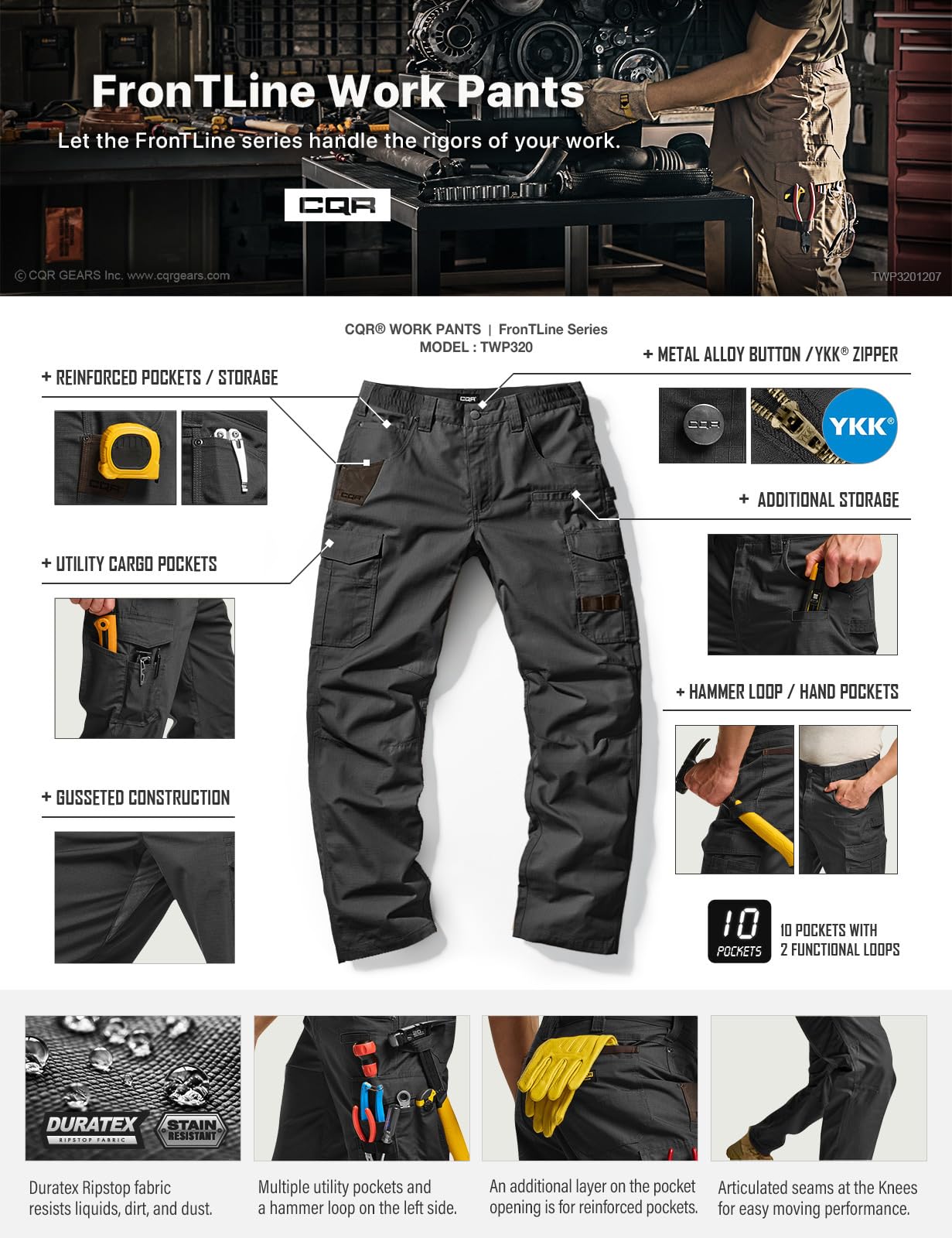 CQR men's quick dry work pants knee-area stretch supports comfortable bending.