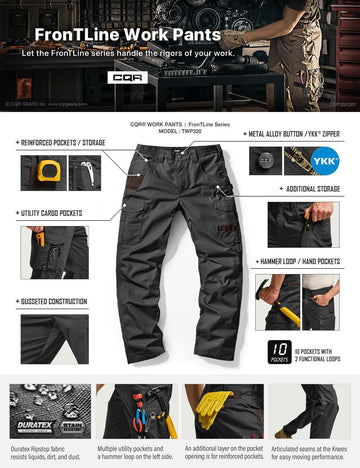 CQR men's quick dry work pants knee-area stretch supports comfortable bending.