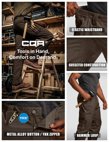 CQR men's quick dry work pants knee area stretch emphasizes enhanced mobility
