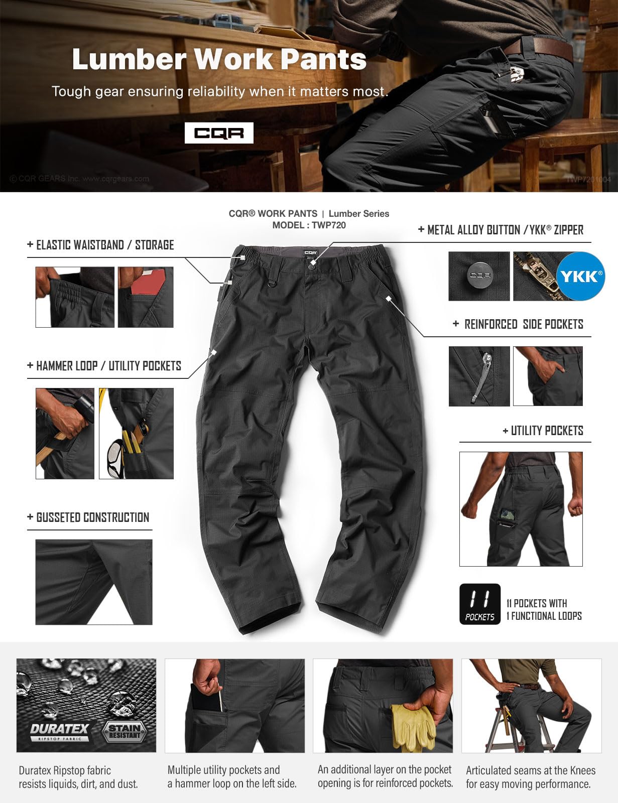 CQR men's quick dry work pants belt-loop area demonstrates sturdy belt integration