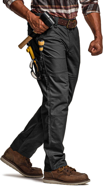 CQR men's quick dry work pants front view showing mobility for demanding jobs