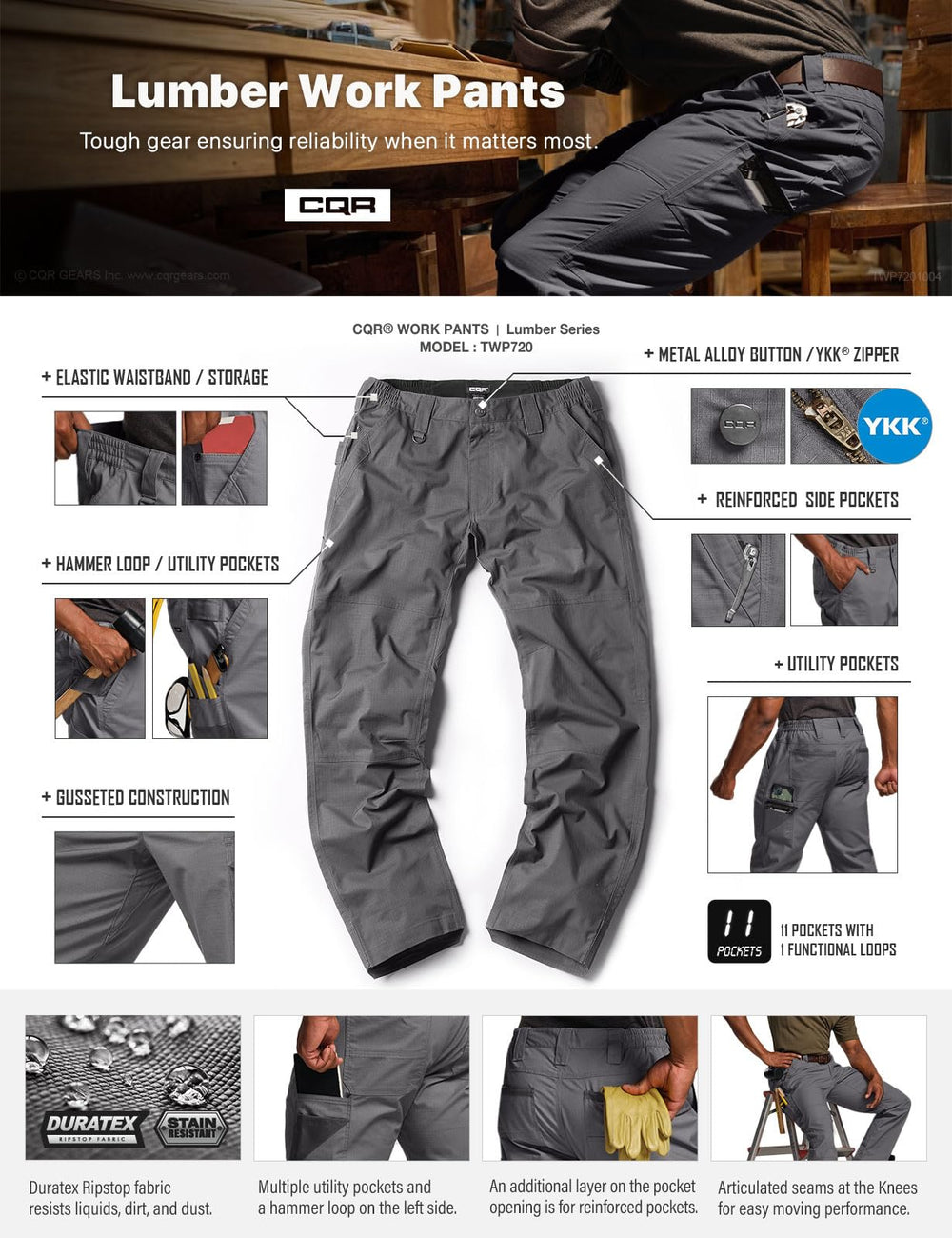 CQR durable stitching and belt-loop design for rugged use
