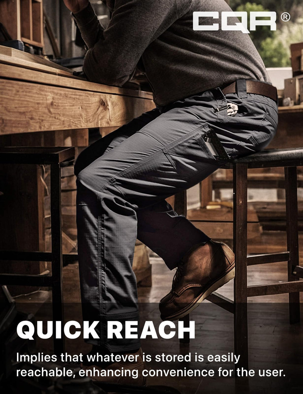 CQR Men's Quick Dry Work Pants lumber charcoal fabric detail highlighting durable polyester-cotton weave