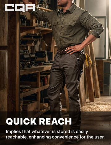 CQR men's quick dry work pants multi-pocket detail displays organized cargo layout