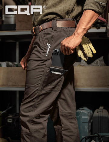 CQR men's quick dry work pants show 3D pattern mobility during activity