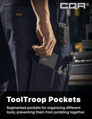 CQR men's quick dry work pants multi-pocket layout for tool and device storage