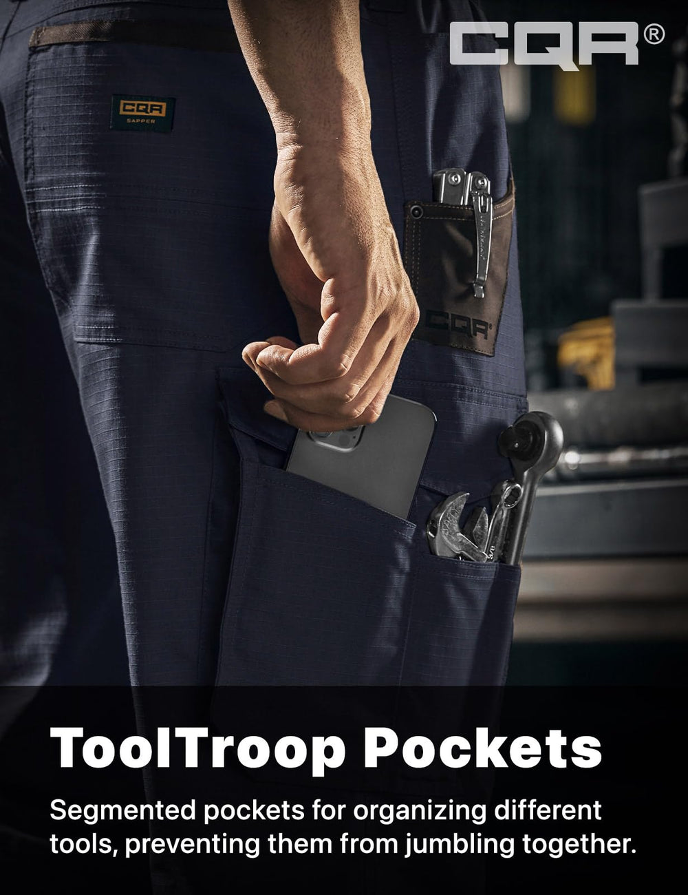 CQR men's quick dry work pants multi-pocket layout for tool and device storage