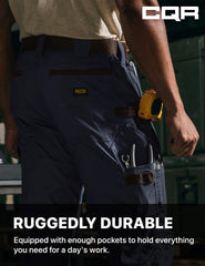 CQR men's quick-dry work pants navy fabric closeup highlighting durability
