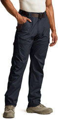CQR men's quick-dry work pants navy front view showing mobility fabric