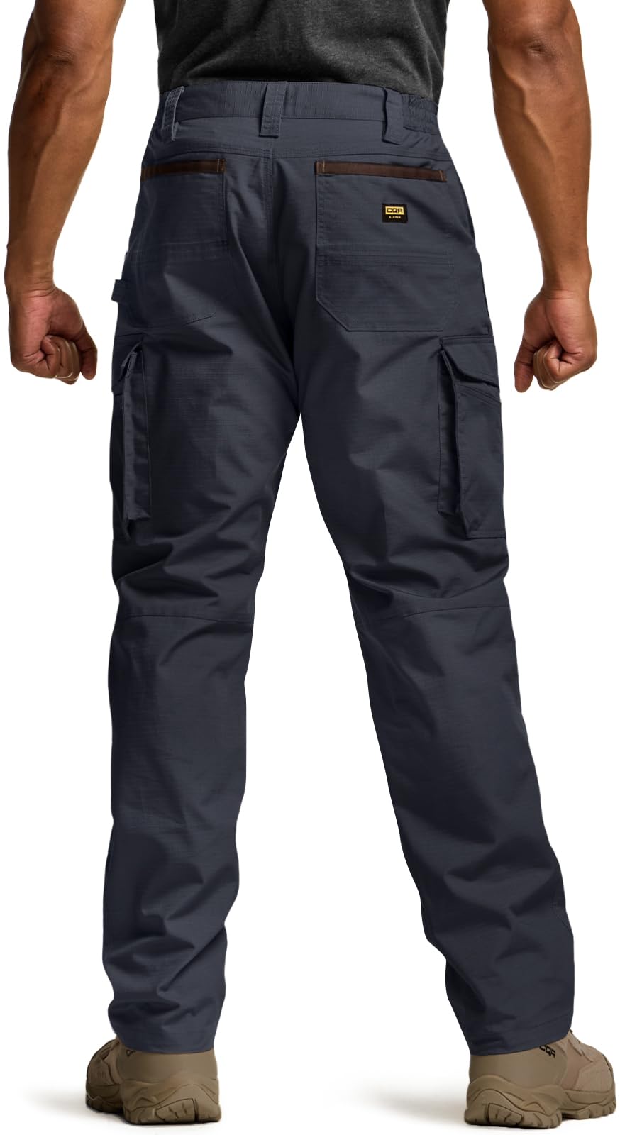 CQR men's quick dry work pants navy side pocket close-up showing secure storage