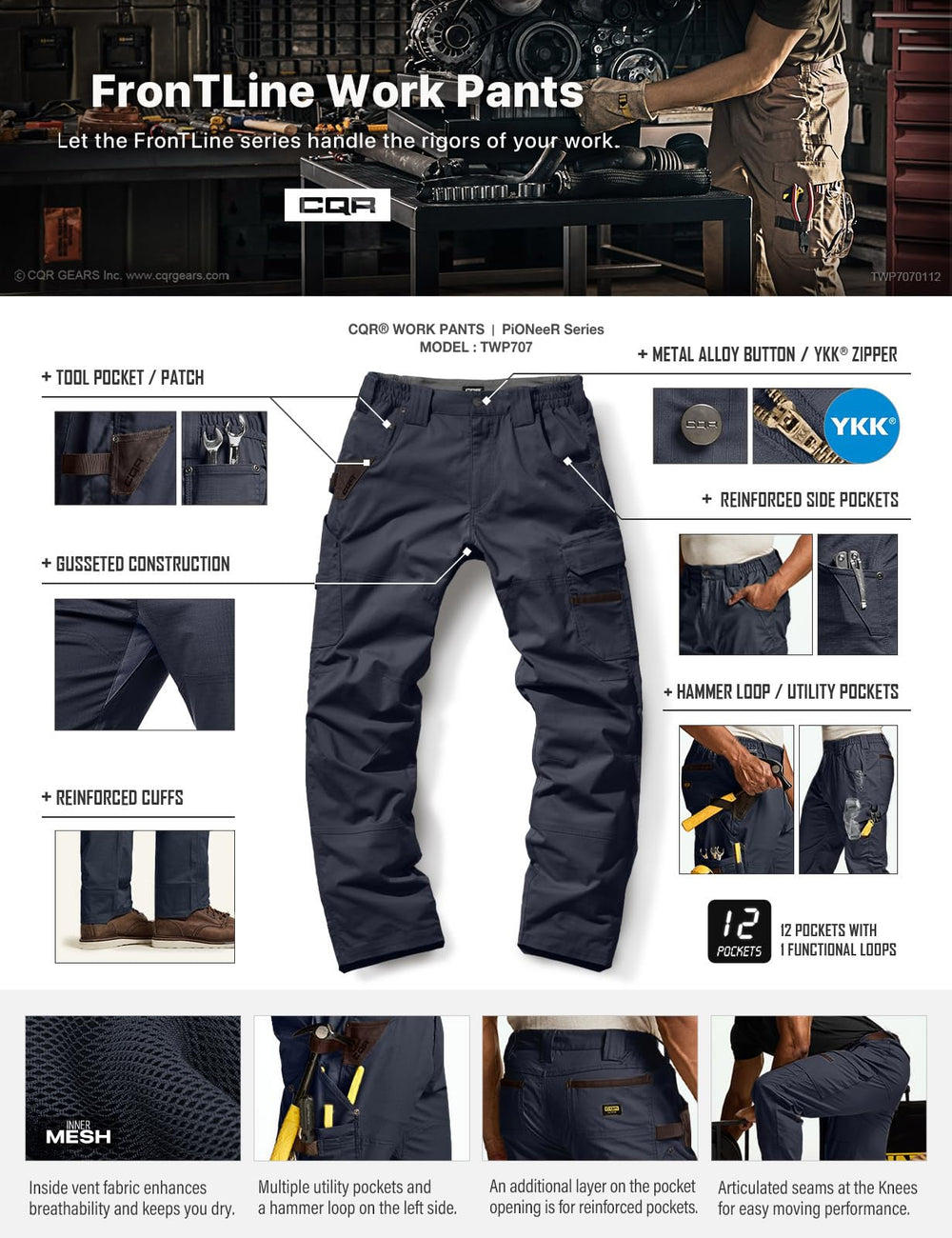 CQR Men's Quick Dry Work Pants operator navy color worn on-site.