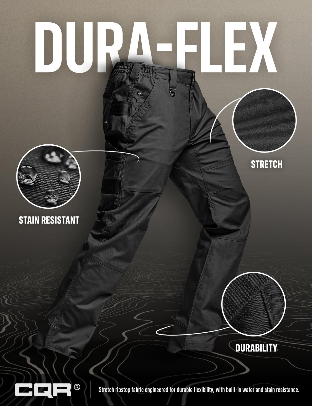 CQR outdoor-activity scene conveys versatile pants for work and play.