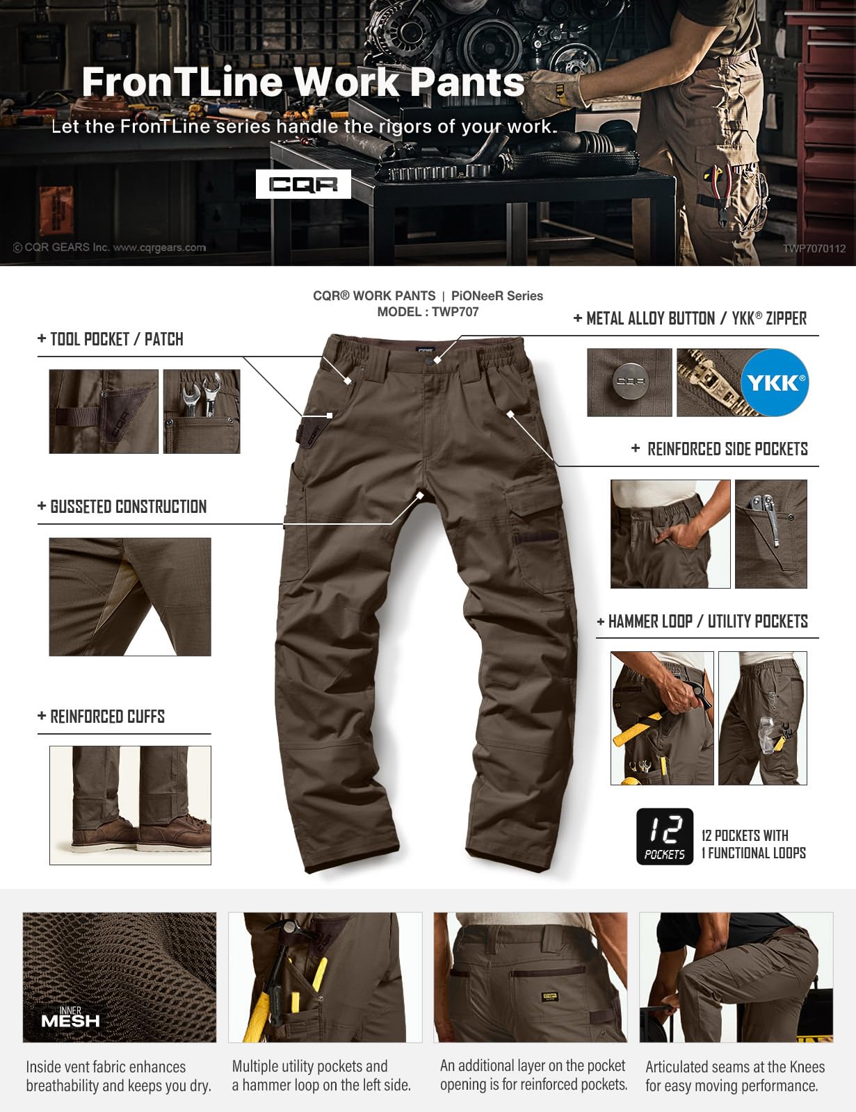 Detailed pockets and zippers on CQR pants for practical storage