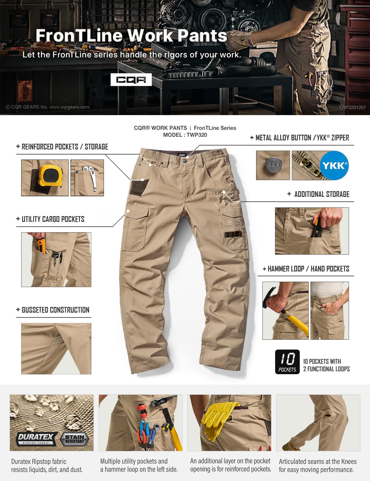 CQR men's quick dry work pants reinforced seams for rugged use.