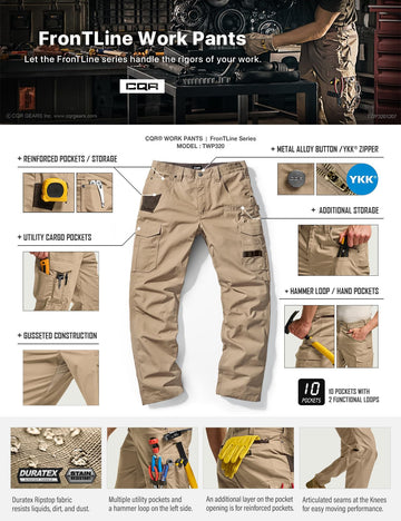 CQR men's quick dry work pants reinforced seams for rugged use.