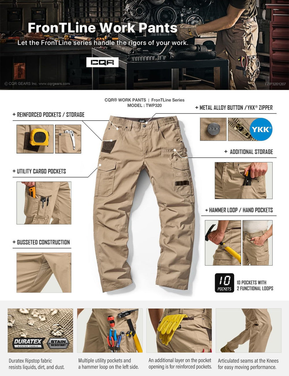 CQR men's quick dry work pants reinforced seams for rugged use.