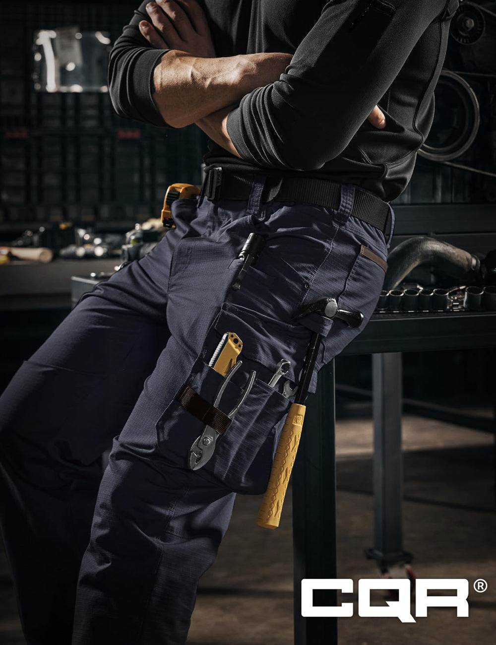 CQR men's quick dry work pants ripstop fabric close-up highlighting durability