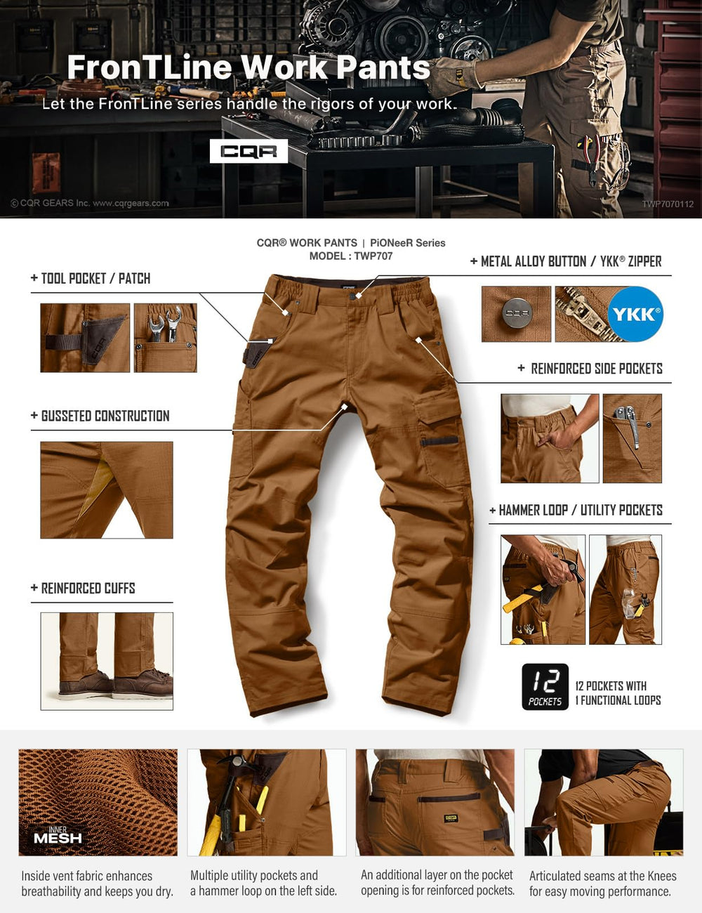 CQR men's quick dry work pants close-up stitch detail for durability