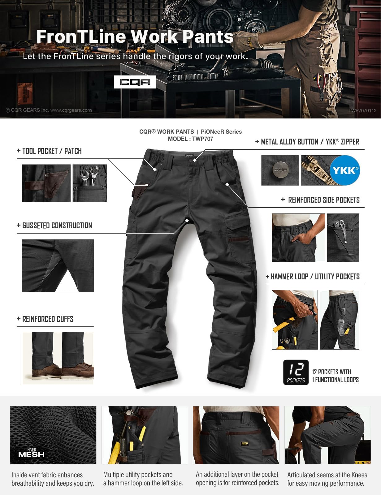 CQR men's quick dry work pants stretch material supports flexible movement