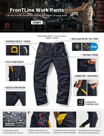 CQR men's quick dry work pants stretch panel motion demonstrates flexibility