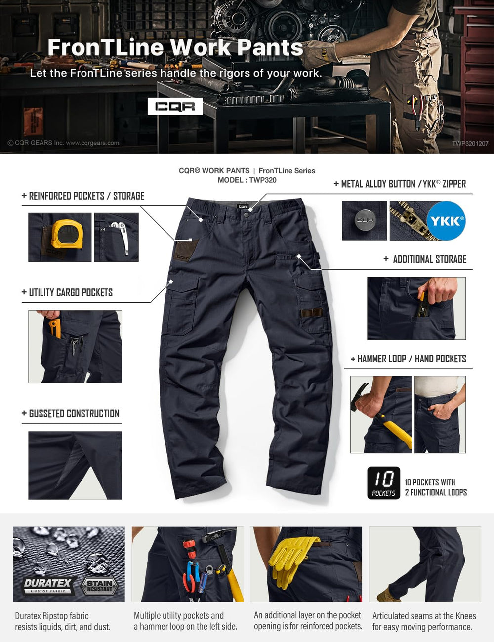 CQR men's quick dry work pants stretch panel motion demonstrates flexibility