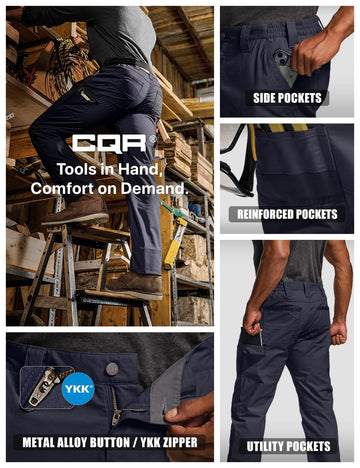 CQR men's quick dry work pants stretch-panel closeup for full mobility.