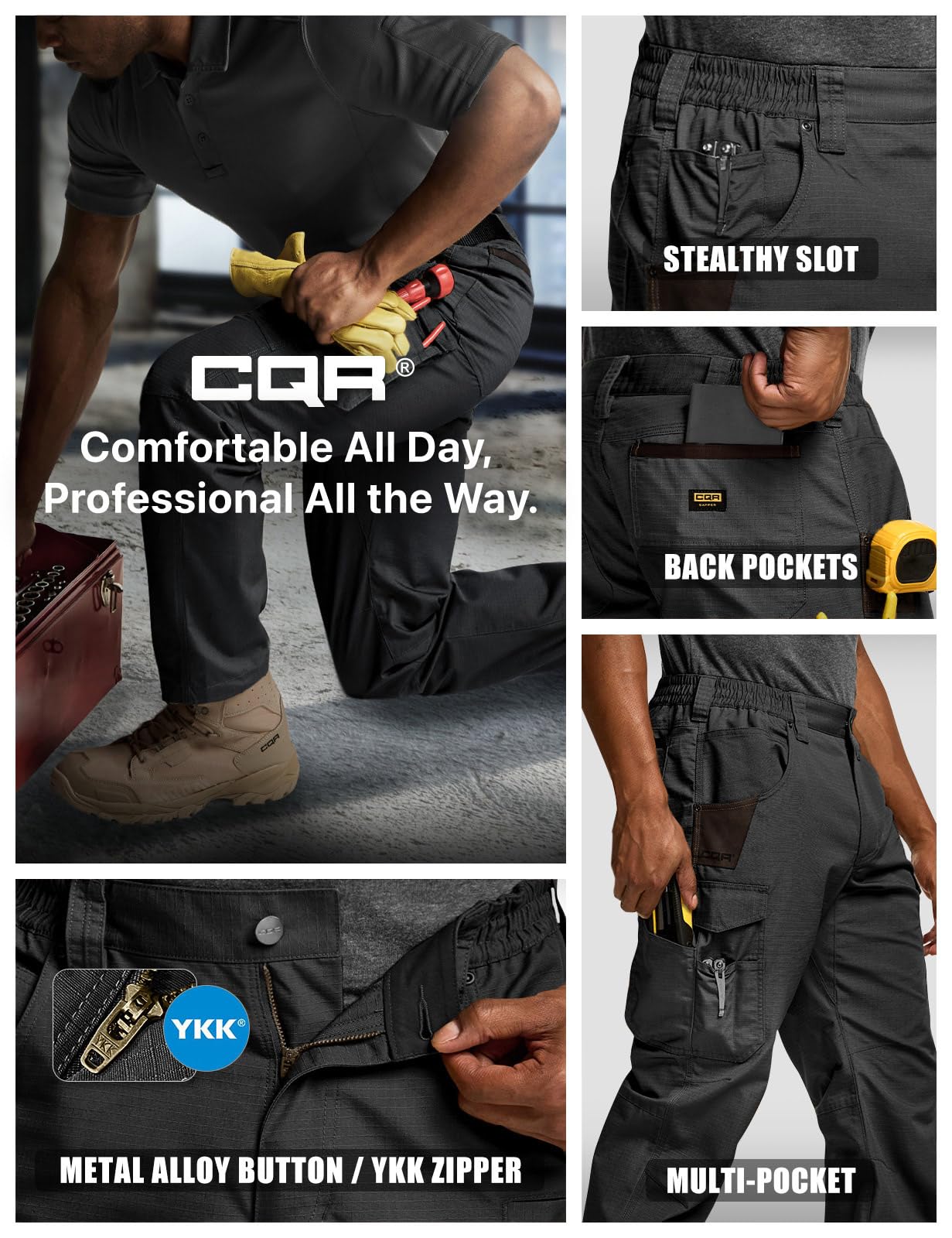 CQR men's quick dry work pants water resistant performance for damp days.