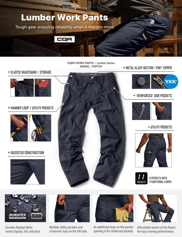 CQR men's quick dry work pants water-resistance detail highlighting weather readiness.