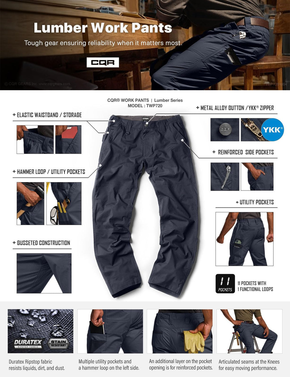 CQR men's quick dry work pants water-resistance detail highlighting weather readiness.
