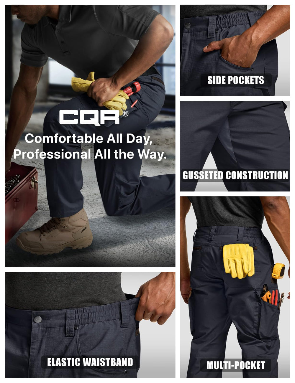 CQR men's quick dry work pants water resistance test close-up