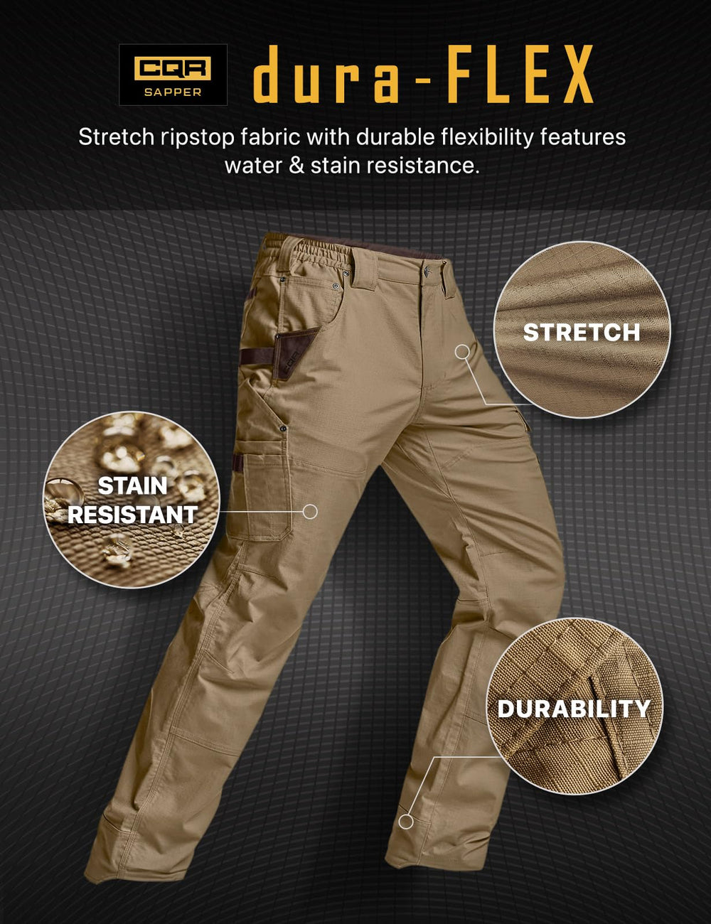 CQR men's quick dry work pants water-resistant fabric withstands damp conditions.