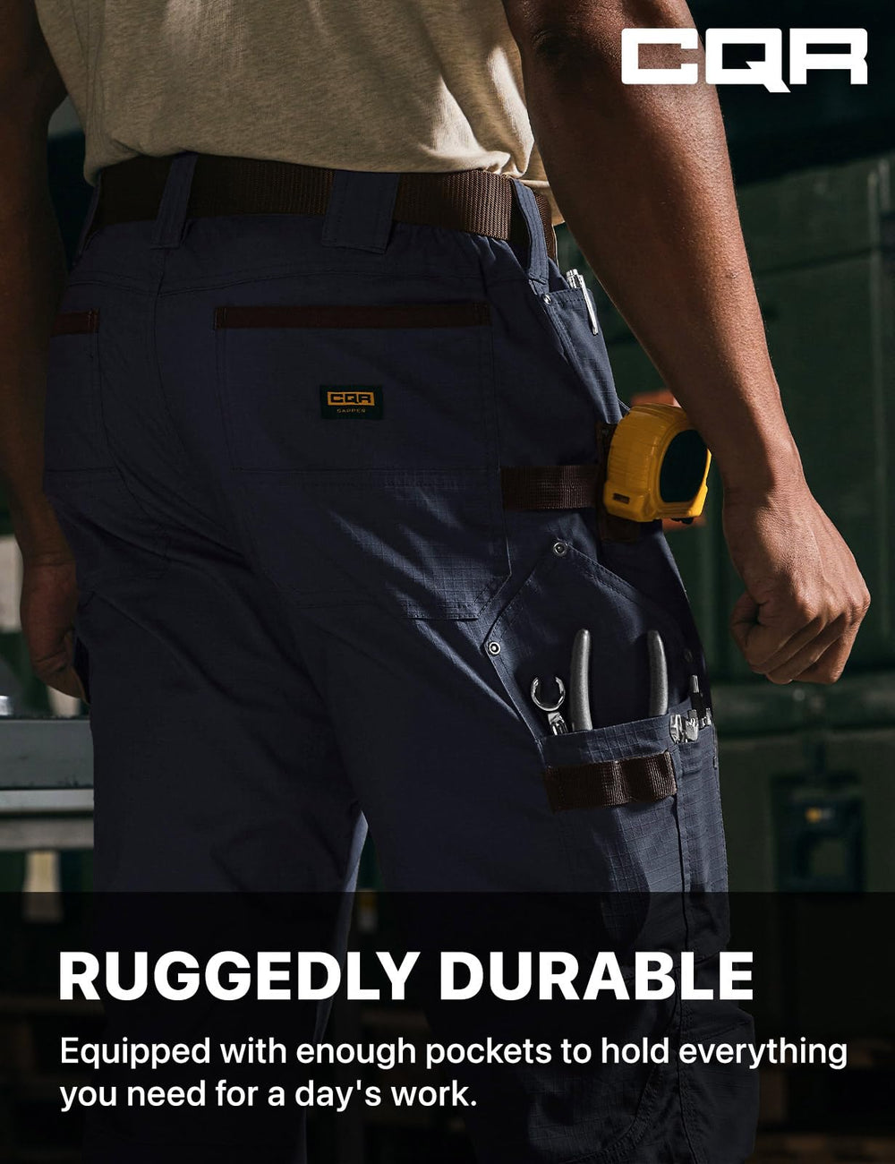 CQR Men's Quick Dry Work Pants water-resistant fabric close-up for use in wet conditions.